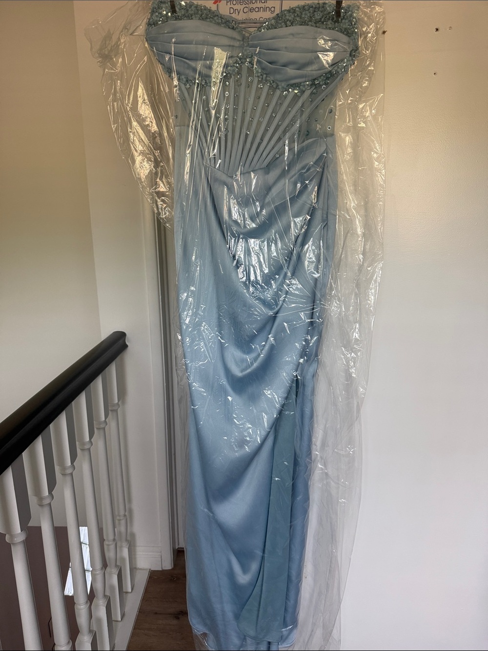 Strapless Beaded Light Blue Evening Gown